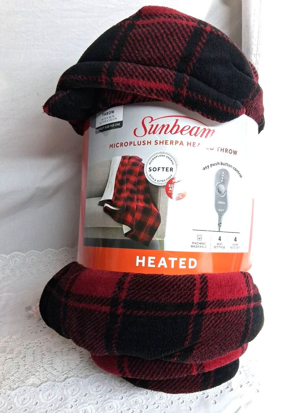 New Sunbeam Microplush Sherpa Heated Throw 50x60 Red Plaid Gift Blanket Winter